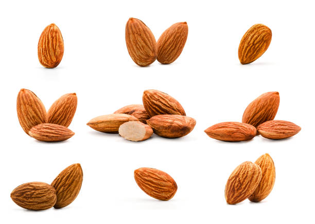 Isolated of almonds nut collection on white background. Clipping path -Image. Isolated of almonds nut collection on white background. Clipping path -Image. almond tree photos stock pictures, royalty-free photos & images
