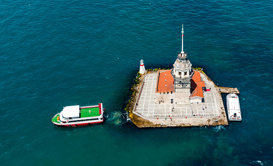 Aerial view from helicopter to Maiden's Tower in Istanbul, Turkey.