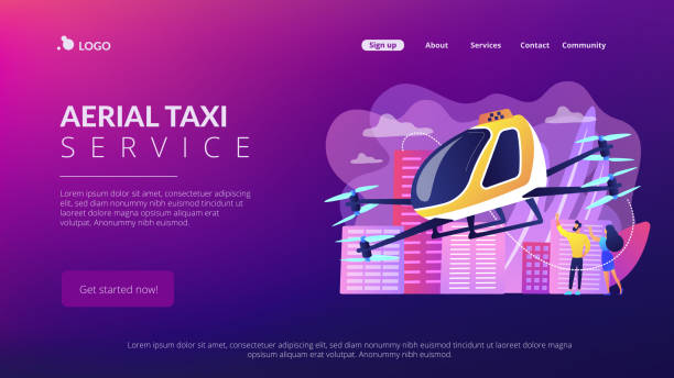 ilustrações, clipart, desenhos animados e ícones de página de aterragem do conceito do serviço de táxi aéreo. - drone subindo