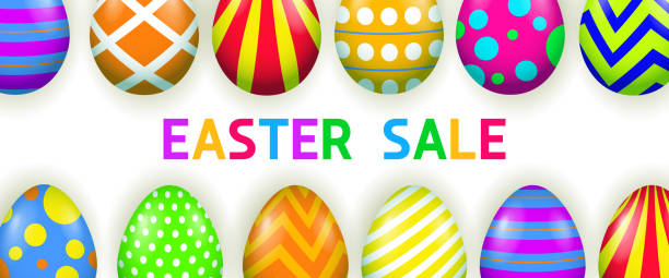 ilustrações de stock, clip art, desenhos animados e ícones de easter sale lettering with bright painted eggs - easter text single word paint