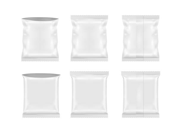 stockillustraties, clipart, cartoons en iconen met open verpakkingen voor snacks, eten, chips, suiker en specerijen - snoeppapiertje