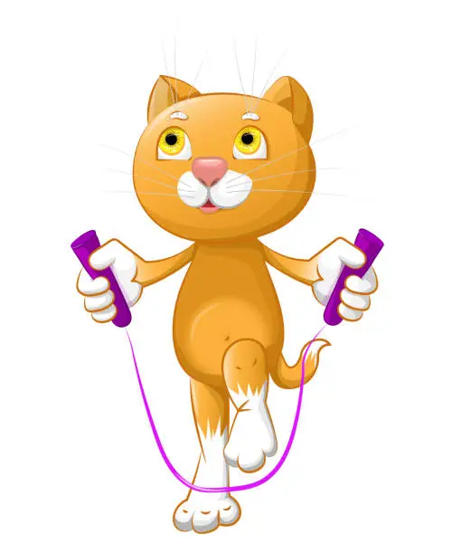 Vector illustration of The little cat is jumping rope.
