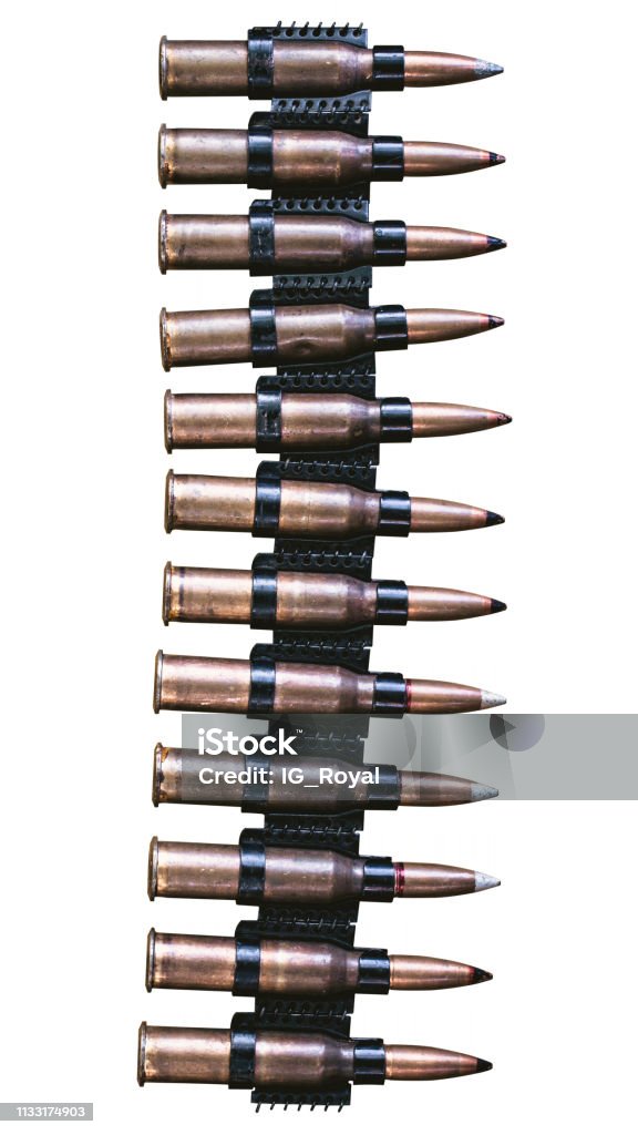 Machine Gun Ammo On A White Background Bullet Belt Bandoleer Chain Of Ammo  On Wooden Backgroundcartridge 762 Mm Caliber Top View Isolated On White  Background Stock Photo - Download Image Now - iStock
