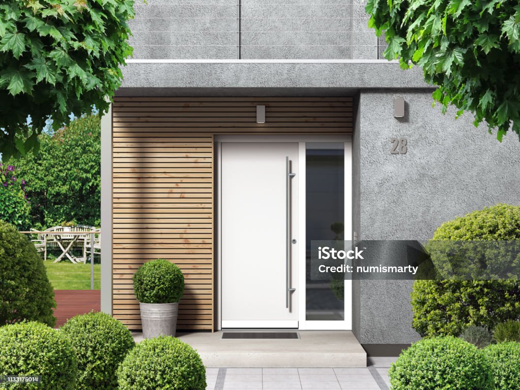 Modern Bungalow House Facade With Front Door Entry Stock Photo ...