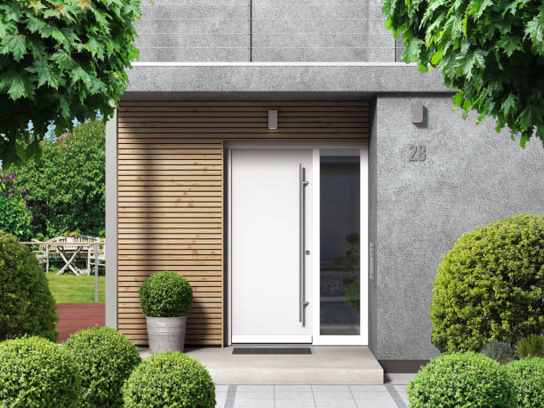 Modern bungalow house facade with front door entry Modern home facade with entrance, front door and view to the garden - 3D rendering building entrance stock pictures, royalty-free photos & images