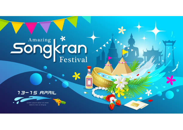amazing songkran festiwal tajlandii wody splash tle - art thailand thai culture temple stock illustrations
