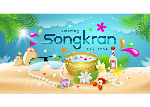 amazing songkran festival lato tajlandii na tle morza - abstract asia backgrounds bangkok stock illustrations