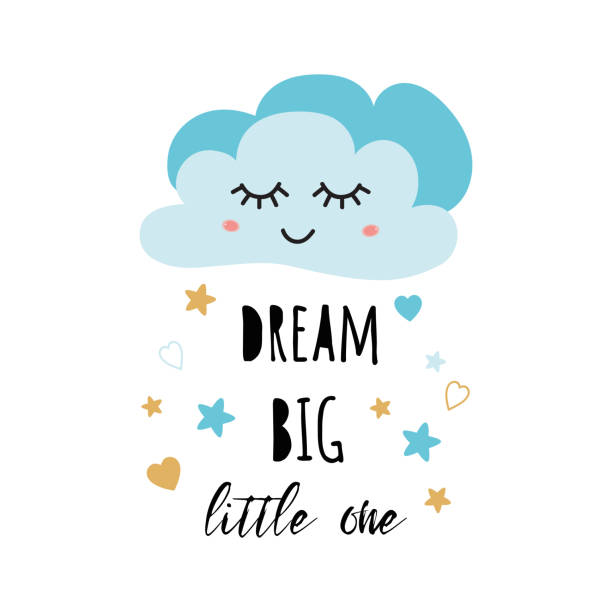 niedliche hellblaue cartoon-wolke. positiver slogan dream big little one hearts baby style poster - 2359 stock-grafiken, -clipart, -cartoons und -symbole