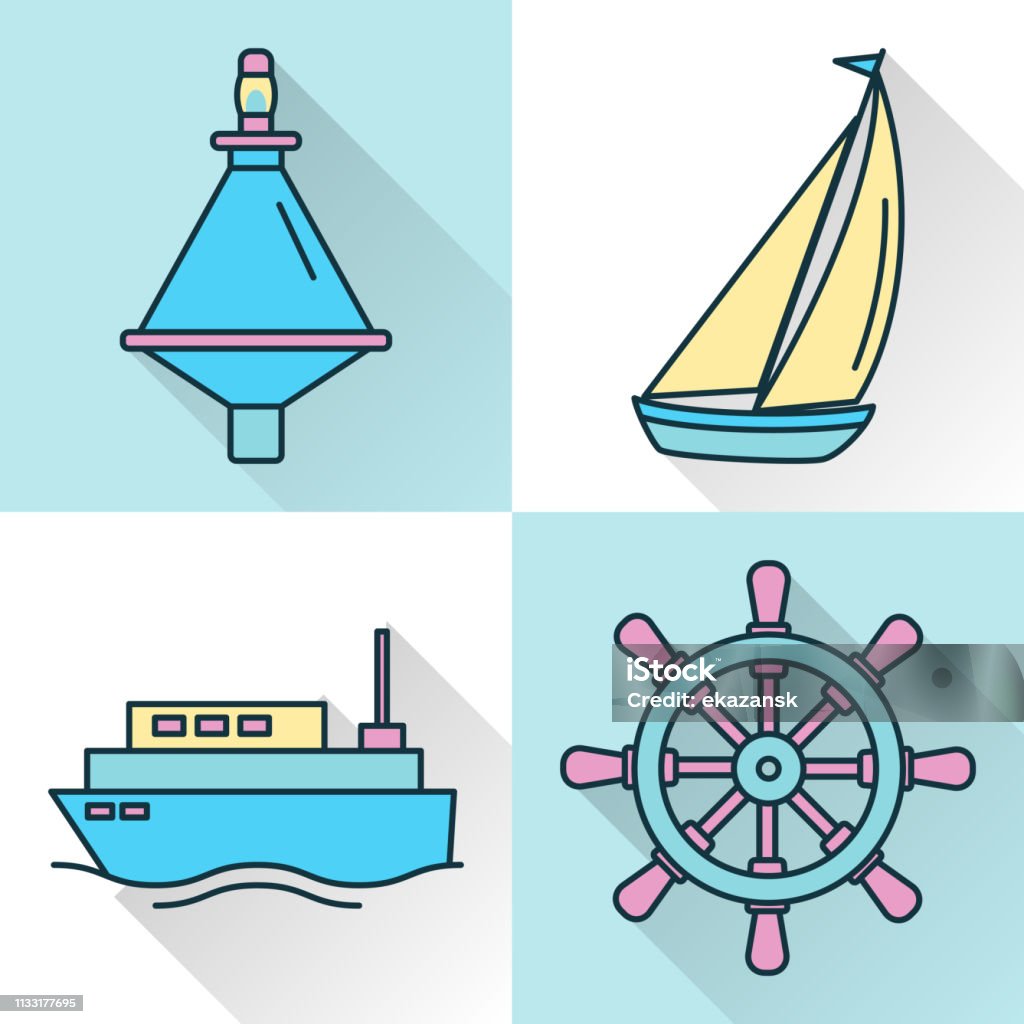 Sea collection of ship and nautical icons in line style Sea collection of ship and nautical icons in line style with long shadow. Marine symbols set including buoy, yacht, steering wheel and passenger ship. Water travel concept elements isolated. Nautical Vessel stock vector