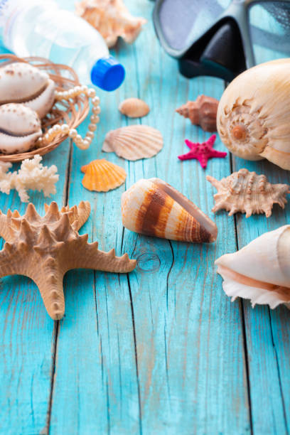 istock Diving mask with starfish and shells on old blue wooden background. Top view. Flat lay. 1133180650