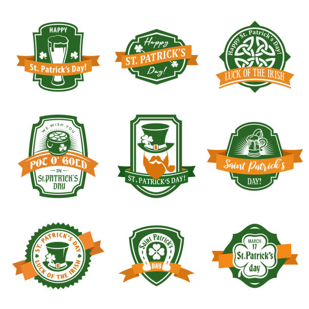 St. Patrick's flat vector label set Saint Patricks flat vector logo design elements template set irish shamrock stock illustrations