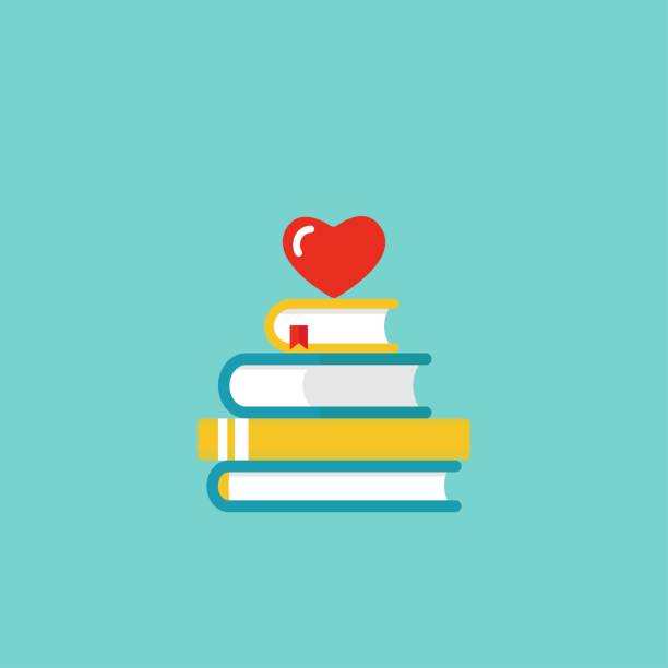 illustrazioni stock, clip art, cartoni animati e icone di tendenza di pila di libri con il cuore rosso. isolato su sfondo blu - bibliophile