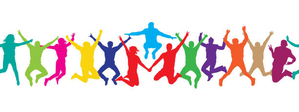 ilustrações, clipart, desenhos animados e ícones de silhuetas coloridas de povos de salto. teste padrão sem emenda. ilustração do vetor - friendship people silhouette youth culture
