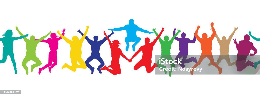 Colorful silhouettes of jumping people. Seamless pattern. Vector illustration Cut Out stock vector