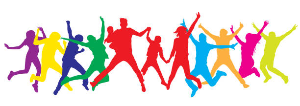 istock Jumping people, family in center, silhouette colorful. Vector illustration 1133185197