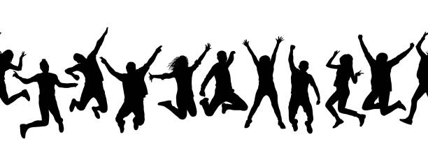 ilustrações de stock, clip art, desenhos animados e ícones de silhouettes of many different jumping people, seamless pattern. isolated on white background. - silhueta