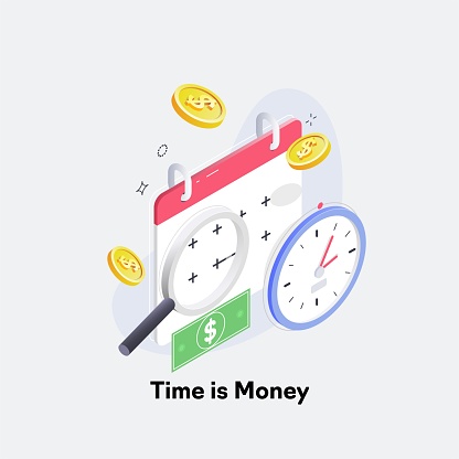 Time is money, business and finance concept. Payment day, clock and money vector illustration