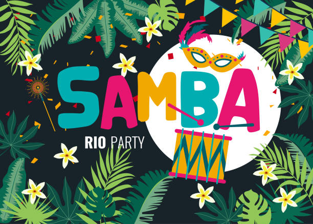 카니발 카드 또는 열 대 잎 타이포 그래피 디자인 배너 - samba dancing carnival dancing brazilian culture stock illustrations