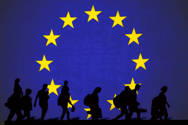 EU Immigration and Exit EU flag with refugees, immigration and withdrawal symbol europa mythological character photos stock pictures, royalty-free photos & images