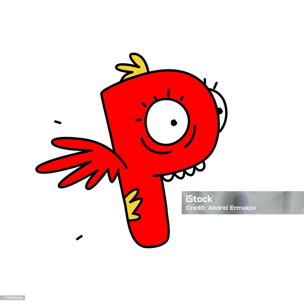 The letter P in the form of a character with wings. Vector. Flat outline style. Logo for the company. Latin letter. Company logo. Funny red character. Abstract stock vector