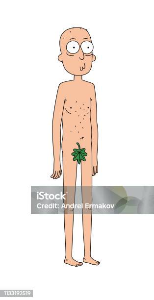 Illustration Of Naked Adam With A Fig Leaf Vector Flat Style Nude Young Cartoon Man Stock Illustration - Download Image Now