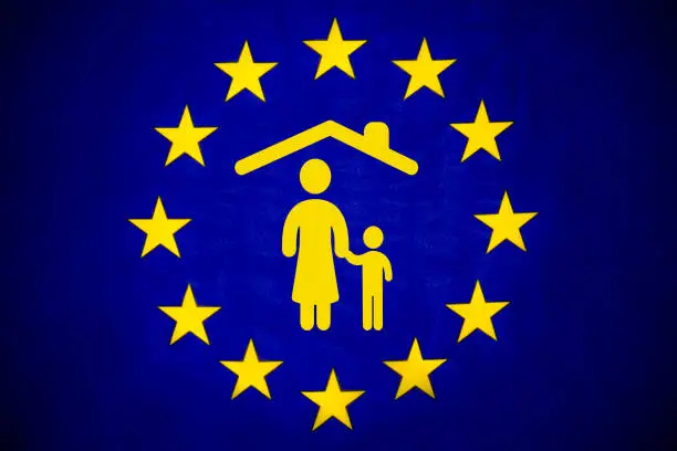 EU flag with refugees, immigration and withdrawal symbol