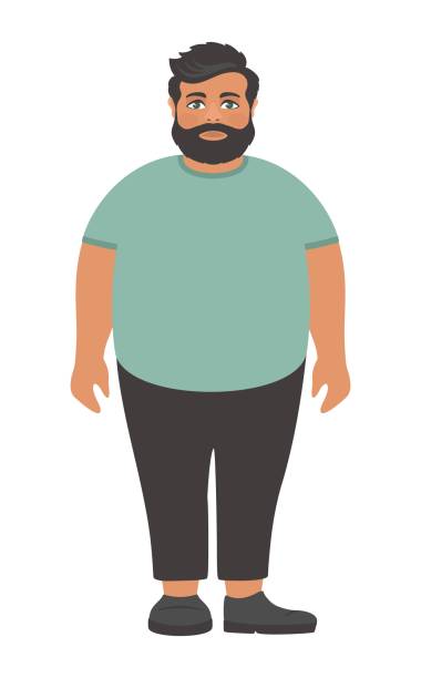 Sad bearded fat man in a big green t-shirt. Obesity problem. Cartoon character on a white background. Flat design. Vector illustration. stubble stock illustrations