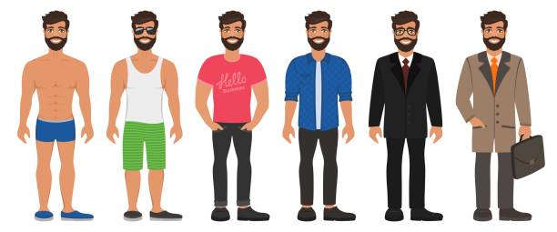 ilustrações, clipart, desenhos animados e ícones de homem considerável de sorriso na roupa diferente dos tipos. - short cycle