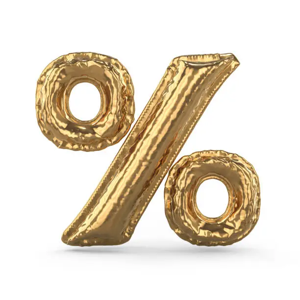 Photo of Golden percent sign made of inflatable balloon isolated. 3D