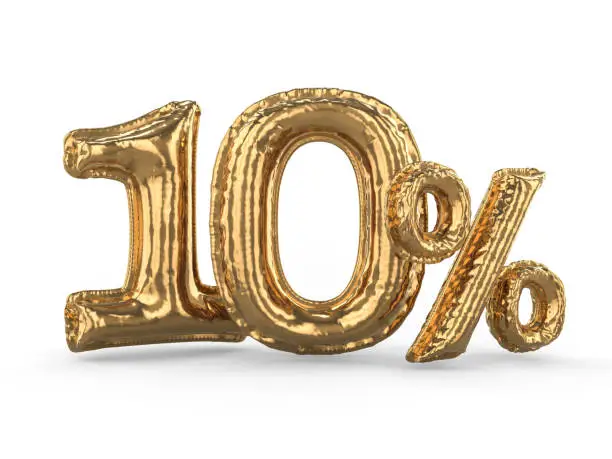 Photo of Golden ten percent made of inflatable balloons. Percent set. 3D
