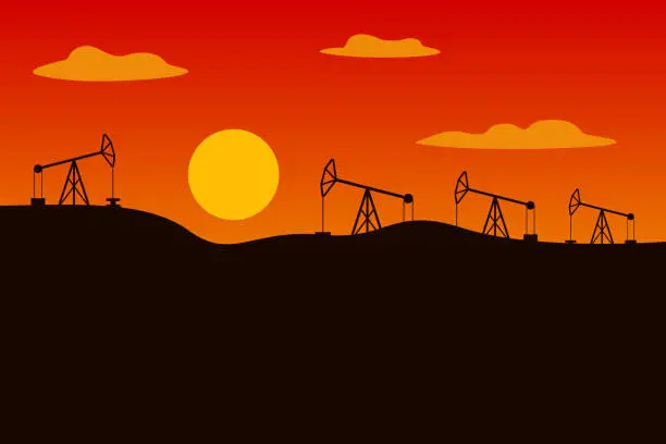 Vector illustration of Horse head oil pumps. Sunrise in desert. Oilfield view. Vector illustration