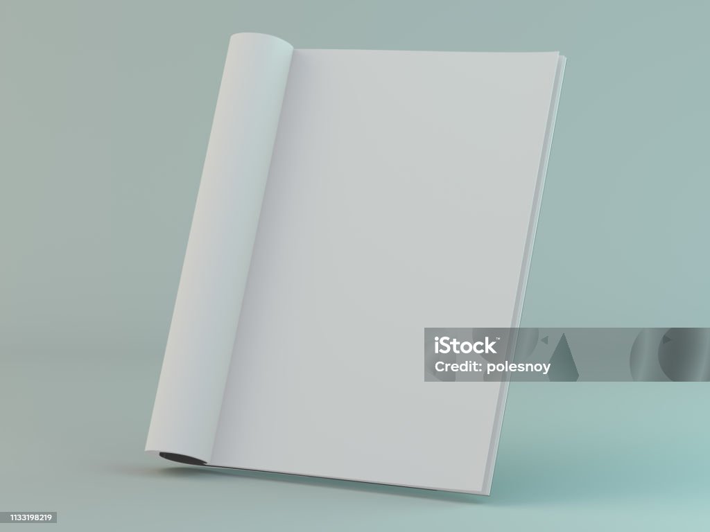Blank page or notepad for mockup or simulations. 3D Mock-up magazine or catalog on table. Blank page or notepad for mockups or simulations. 3D rendering Magazine - Publication Stock Photo