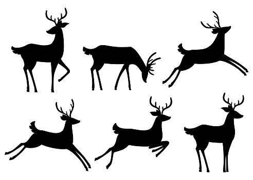 Black silhouette icon collection. Brown deer. Hoofed ruminant mammals. Cartoon animal design. Cute deer with antlers. Flat vector illustration isolated on white background.