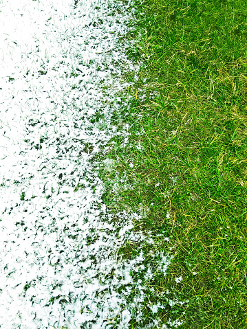 Top view of white snow on green lawn grass. Contrast of winter and summer seasonal half. Natural background