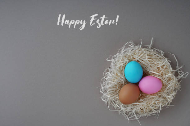 istock Happy Easter greeting card; Colored eggs in a hen nest. 1133210431