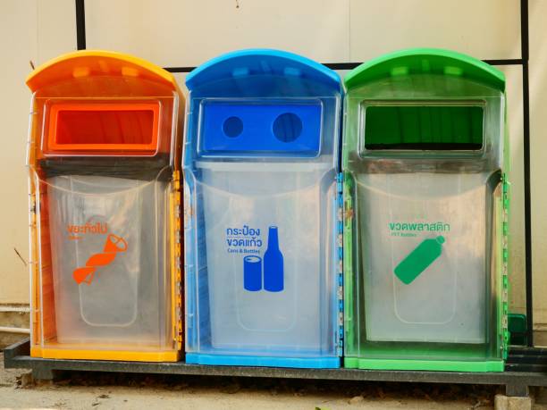 istock Yellow, green, blue recycle bins with recycle symbol 1133210796