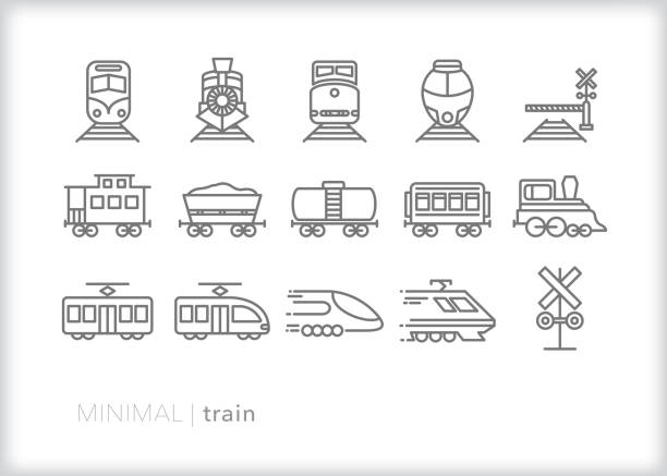 ilustrações de stock, clip art, desenhos animados e ícones de train line icons of commuter, freight, steam and electric trains for transport, hauling and moving passengers - transportation railroad track train railroad car