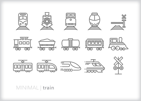 Set of 15 gray line icons of types of trains including engine, caboose, railroad crossing, locomotive, freight train, liquid tanker train, passenger train, electric lightrail, high speed train and commuter train