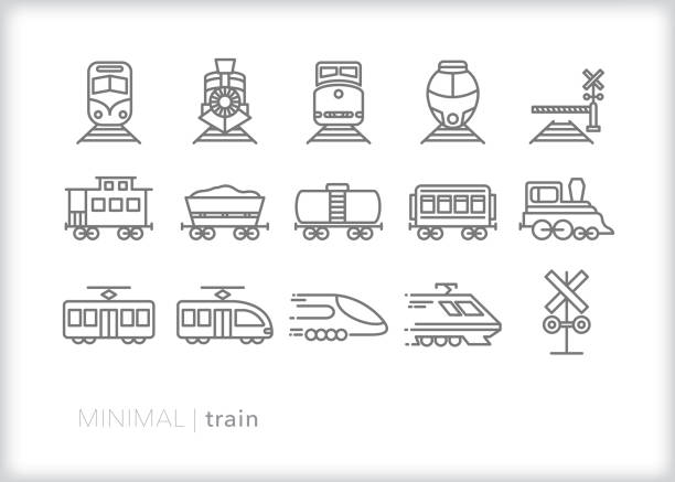 Train line icons of commuter, freight, steam and electric trains for transport, hauling and moving passengers Set of 15 gray line icons of types of trains including engine, caboose, railroad crossing, locomotive, freight train, liquid tanker train, passenger train, electric lightrail, high speed train and commuter train rail transportation stock illustrations