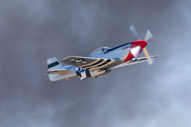 P51D Mustang (WWII American fighter plane) in beautiful light, against smoke P51D Mustang (WWII American fighter plane) in beautiful light, against smoke p51 mustang stock pictures, royalty-free photos & images