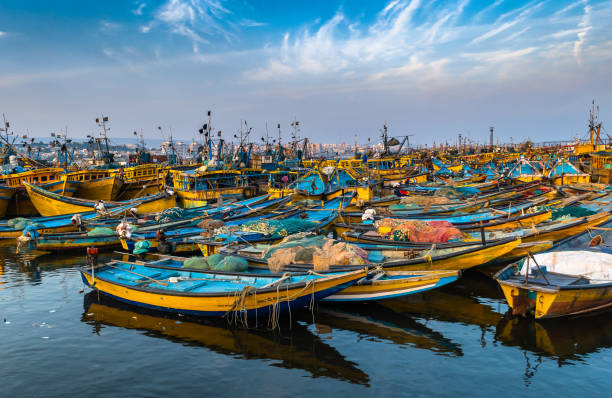 November 13,2018. Visakhapatnam,India. Fishing boats or Trawler are standing on the port of Vizag at the time of Sunset.