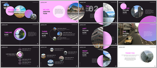 Minimal presentations design, portfolio vector templates with pink colorful circle elements on black background. Multipurpose template for presentation slide, flyer leaflet, brochure cover, report