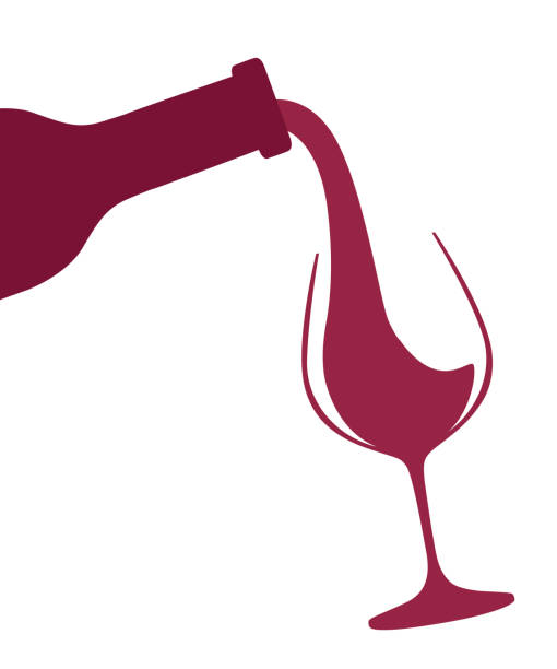 abstraktes logo oder illustration. rotwein gießt von flasche zu glas. flache vektordarstellung isoliert auf weißem hintergrund - wineglass stock-grafiken, -clipart, -cartoons und -symbole