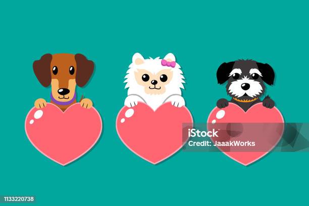 Set Of Cartoon Vector Dogs With Heart Signs Stock Illustration - Download Image Now - Pomeranian, White Color, Animal