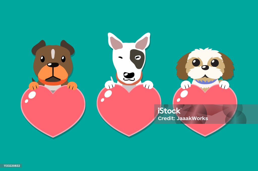 Vector cartoon dogs with heart signs set Vector cartoon dogs with heart signs set for design. Animal stock vector