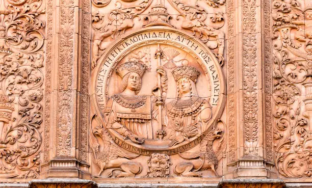 Detail from the facade of the University of Salamanca, Spain.  The building was built in the 1500's and features Ferdinand and Isabella.