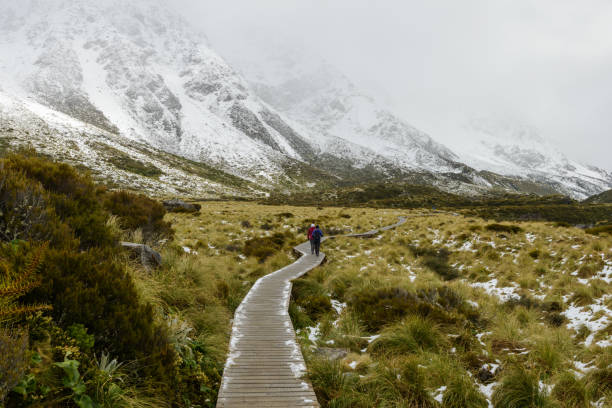 istock Curvy hanging walkway protects mountain ecosystem of Hooker Valley Track 1133225195