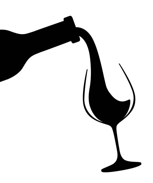 черный силуэт. абстрактный логот�ип или иллюстрация. красное вино, льется из бутылки в стакан. плоская векторная иллюстрация изолирована на  - white wine white background isolated on white champagne flute stock illustrations