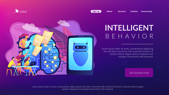 Programmers testing chatbot intelligence and brain with circuit. Chatbot Turing test, intelligent behavior, human-like response concept. Website vibrant violet landing web page template.