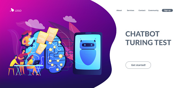 Programmers testing chatbot intelligence and brain with circuit. Chatbot Turing test, intelligent behavior, human-like response concept. Website vibrant violet landing web page template.
